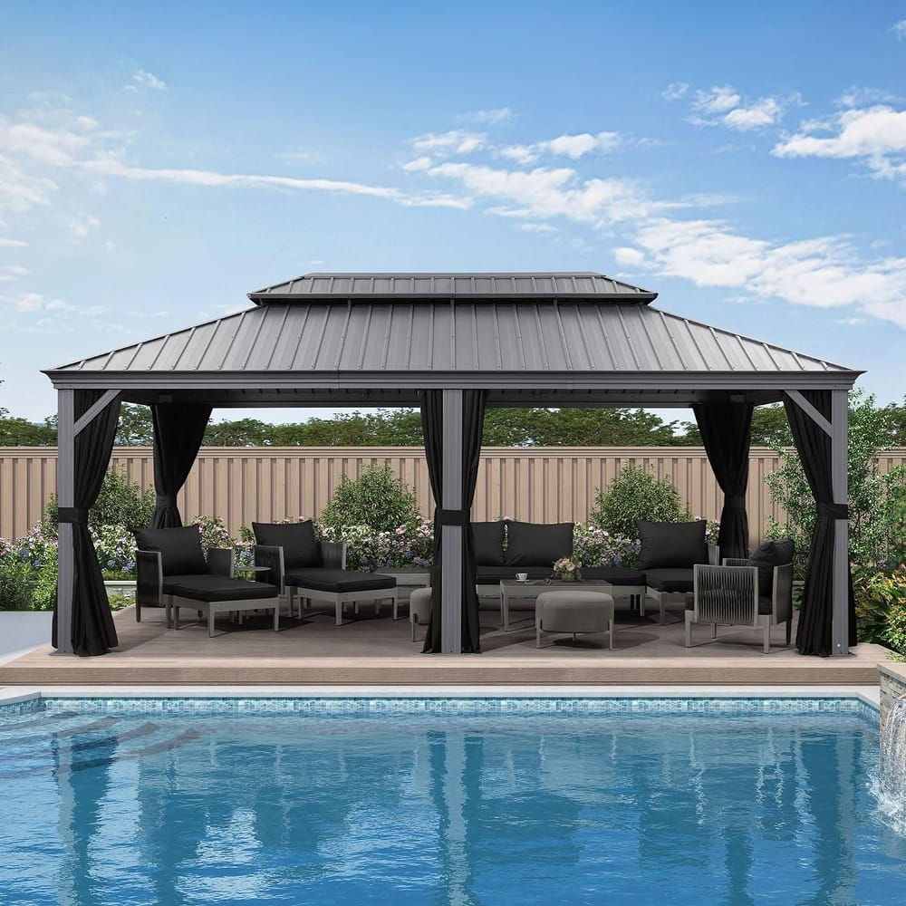 PURPLE LEAF Patio Gazebo for Backyard Hardtop Galvanized Steel Frame with Upgrade Curtain - Light Grey