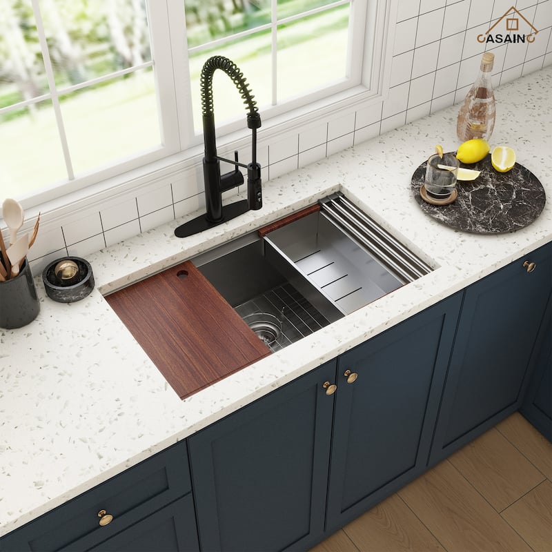 Undermount Single Bowl 16 Gauge Nano Stainless Steel Workstation Kitchen Sink with Pull Down Kitchen Faucet and Accessories