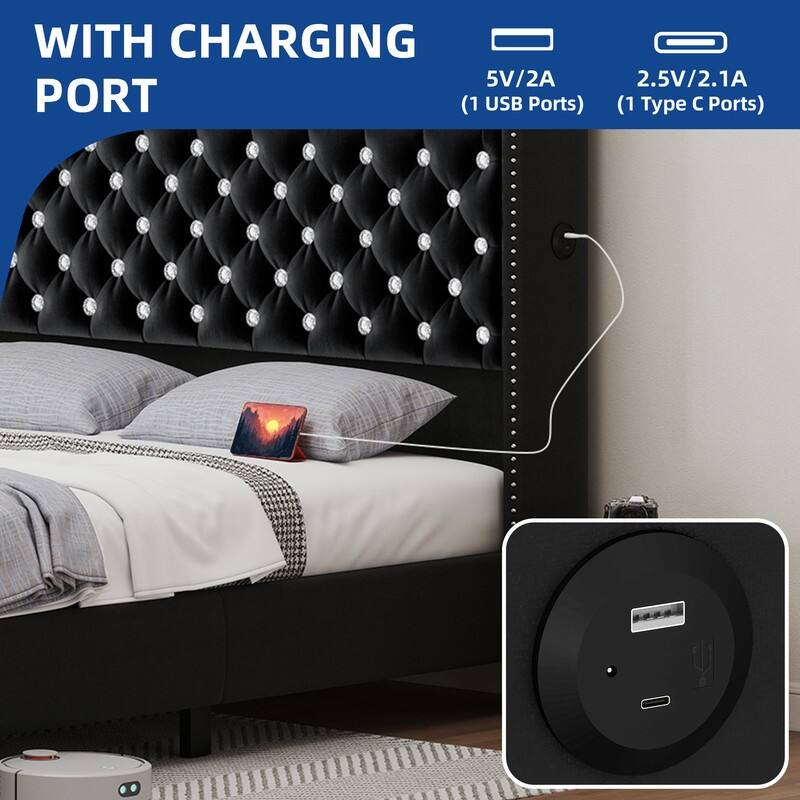 Moasis King/Queen Size Velvet Upholstered Bed Frame with Storage Headboard with USB Charging Stations