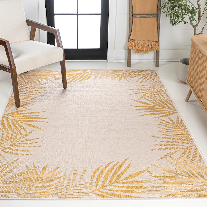 JONATHAN Y Beckett Coastal Cottage Palm Frond Border Blue/Cream Indoor/Outdoor Area Rug