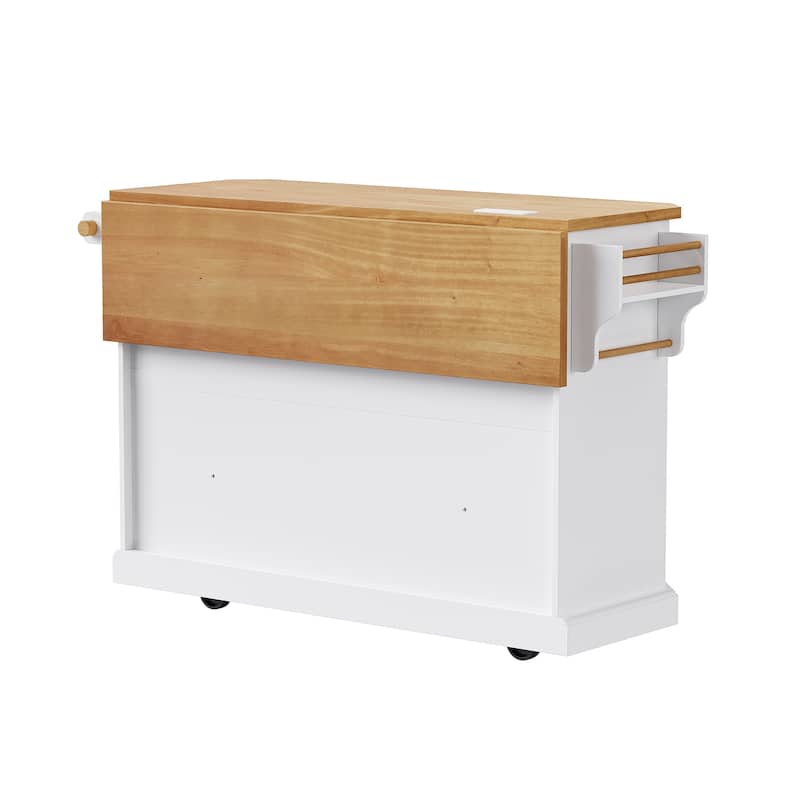 56 inch Kitchen Island with Rubber Wood Veneer Drop Leaf, Power Outlet, 4 Door Shelves, Rolling cart on 4 Wheels with 6 Drawers