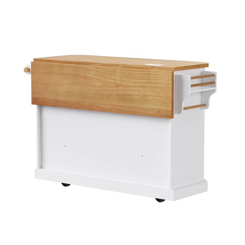 Kitchen Island with Drop Leaf,Features Power Outlet and Ample Storage
