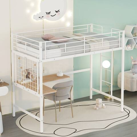 Metal Loft Bed with Desk And Metal Grid Twin Size Loft Bed Frame with Long Table And Ladders, Loft Bed for Kids Teens Adults