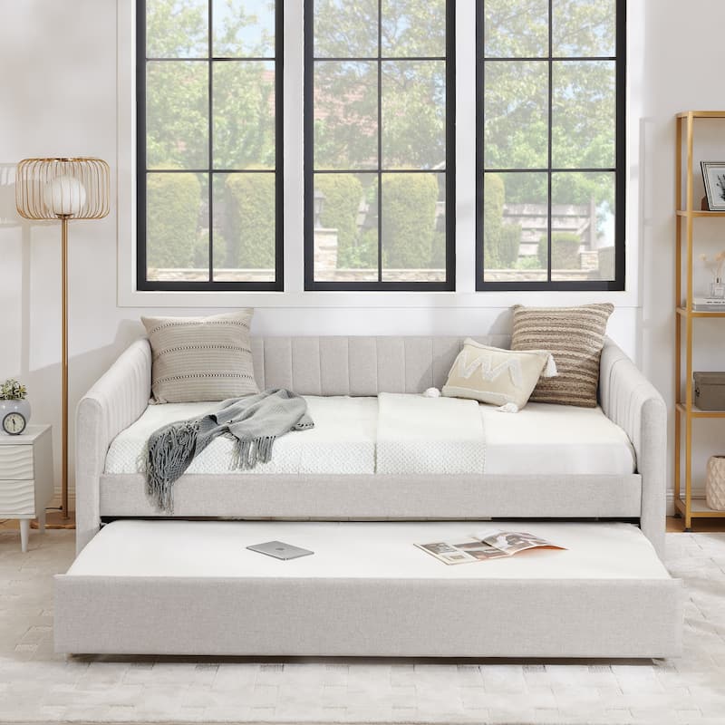 Full Size Daybed with Trundle Upholstered Sofa Bed, with Vertical Stripes, Linen Fabric, Beige (82.5"x58"x30")