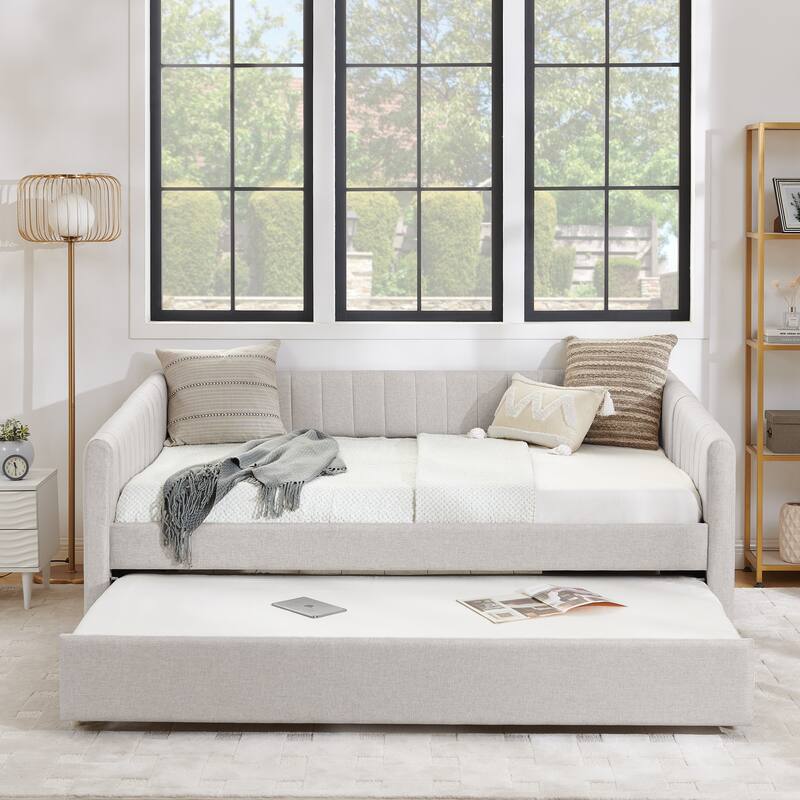 Twin/Full Size Daybed with Trundle, Upholstered Sofa Bed with Vertical Stripes, Linen Fabric, Comfortable Seating for Bedroom