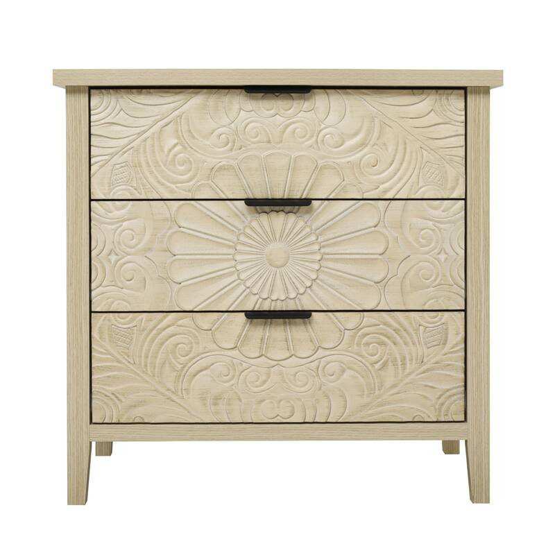 Roomfitters 3 Drawer Dresser Storage Cabinet, Carved Wood Chest of Drawers, Natural