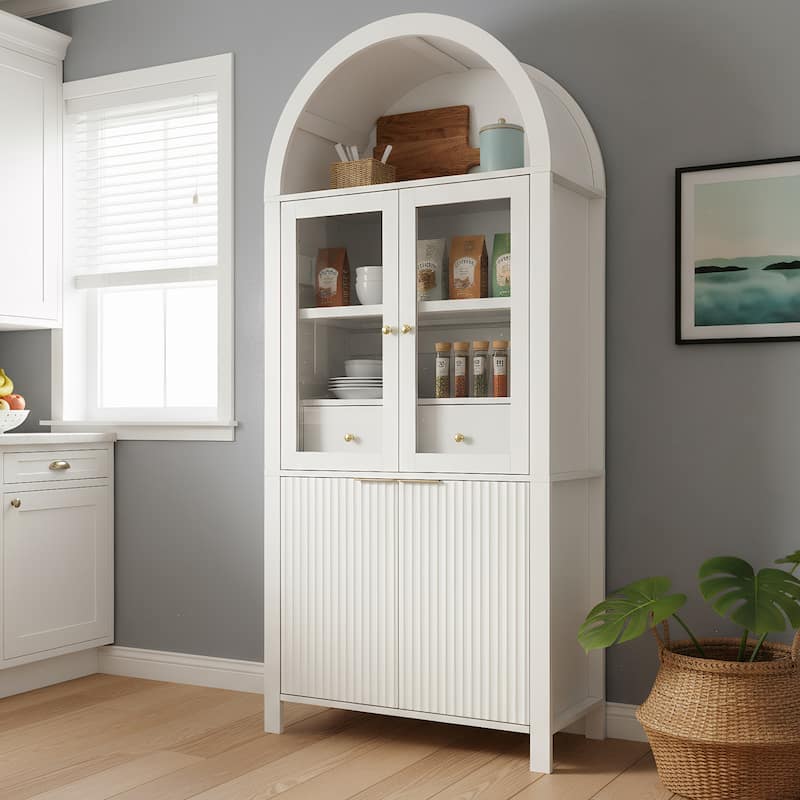 71" Fluted Tall Pantry Cabinet with Arched Glass Door, Hidden Drawer, Wood Display Storage Cabinet with Adjustable Shelves