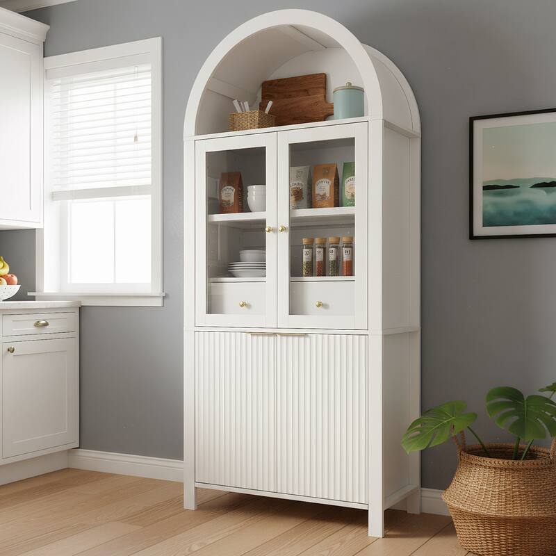 Fluted Arched Pantry Cabinet, Display Cabinet with Hidden Drawer & Glass Door, Storage Cabinet with Adjustable Shelves