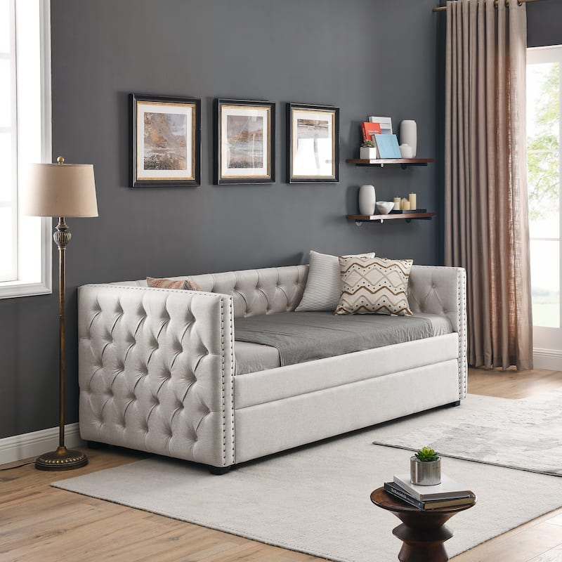Beige Twin Size Upholstered Tufted Daybed with Button and Copper Nail on Square Arms for Bedroom
