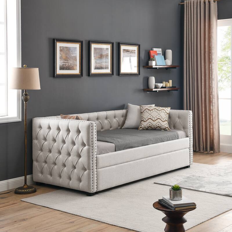 Tufted Daybed Upholstered Frame Sofa Bed with Button Copper Nail on Square Arms, and Pull-out Trundle Bed or Storage Drawers