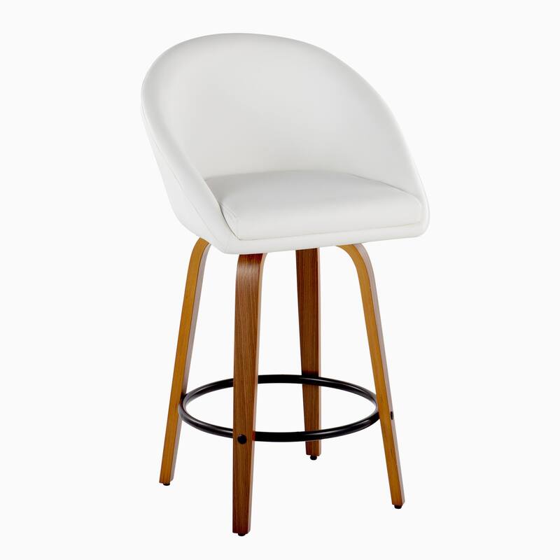 Carson Carrington Livesey High Back 26" Fixed-Height Counter Stool with Bent Wood Legs & Round Footrest (Set of 2) - White Faux Leather/Walnut Wood/Black Metal