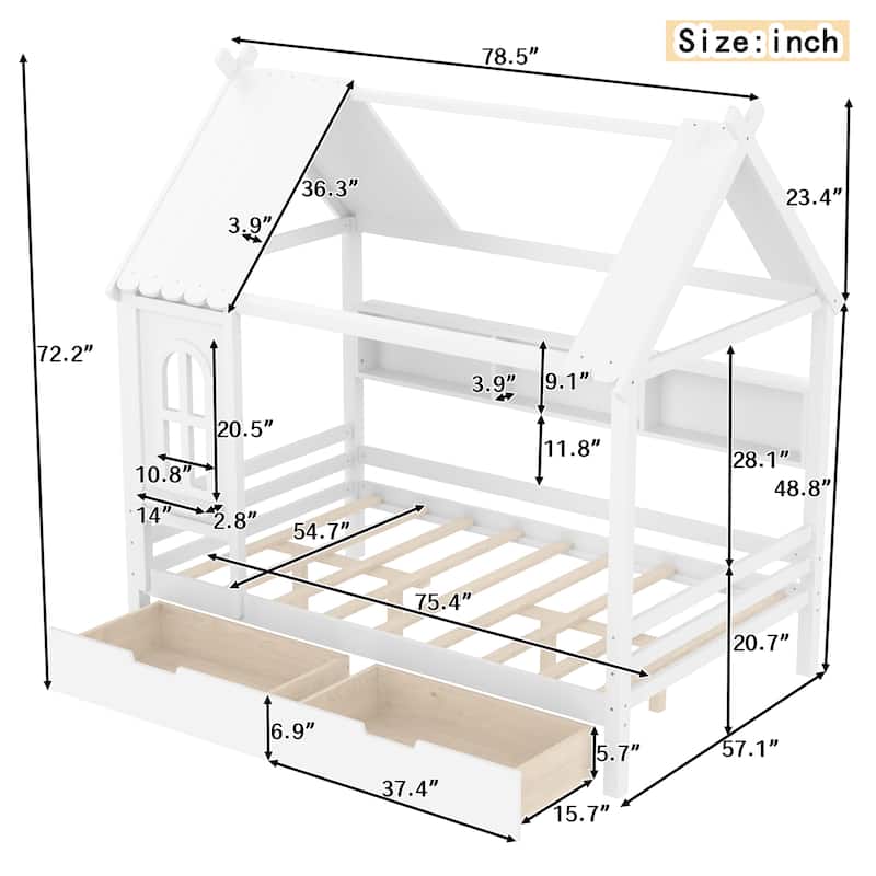 Charming House Bed for Girls, Boys Low Platform Bed Frame with Under-bed Drawers, Storage Shelves, Window and Roof