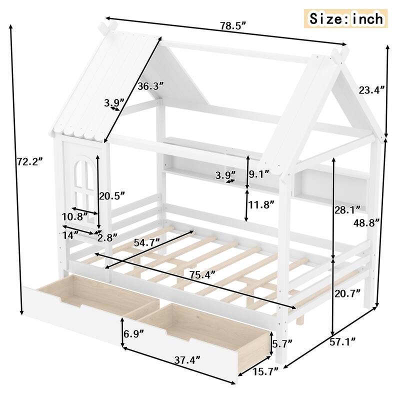 Twin/Full Size Wooden House Bed with Drawers and Shelves, Kids Platform Bed Frame with Window Roof Design