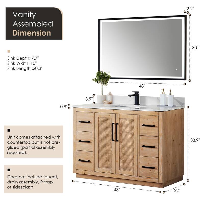 Floral Single Bathroom Vanity in Light Brown with Calacatta White Quartz Countertop with Mirror