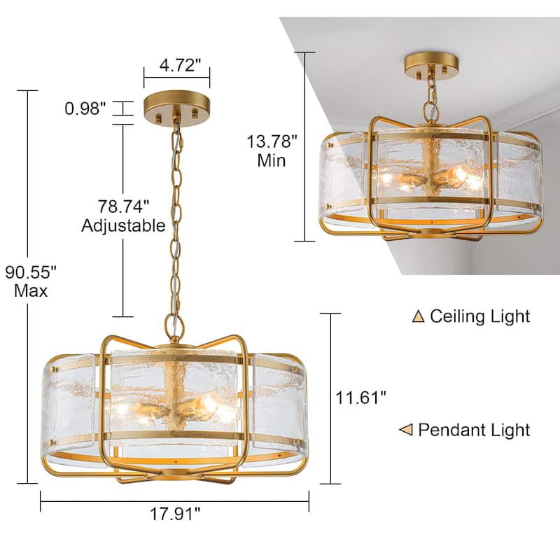Modern 4-Light Hammered Glass Drum Chandelier Pendant Light - W17.91"