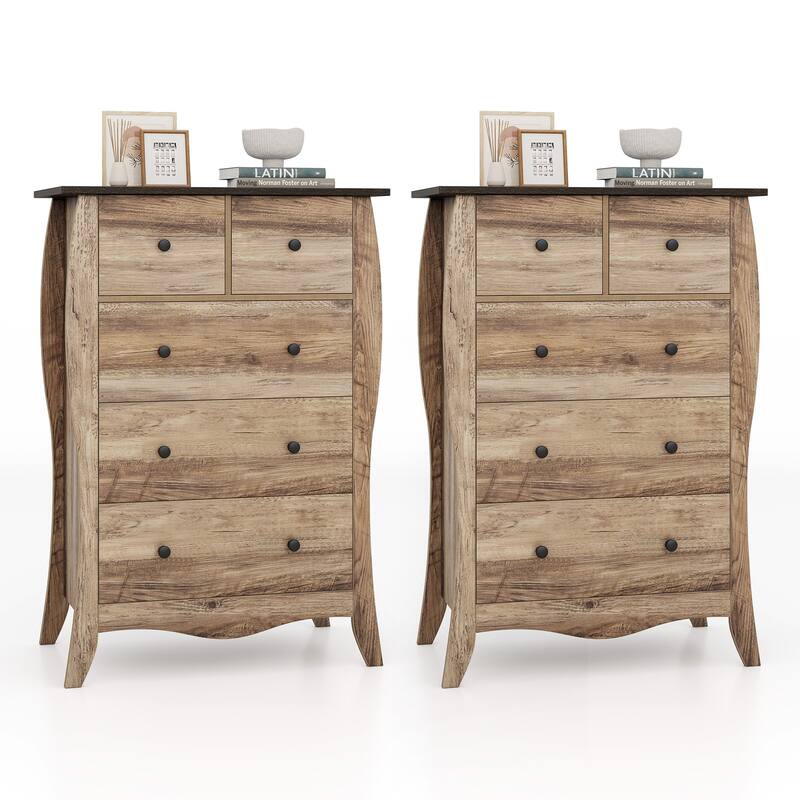 Gymax 2PCS 38'' Farmhouse Chest of Drawers w/ 5 Folding Fabric Drawers - Brown