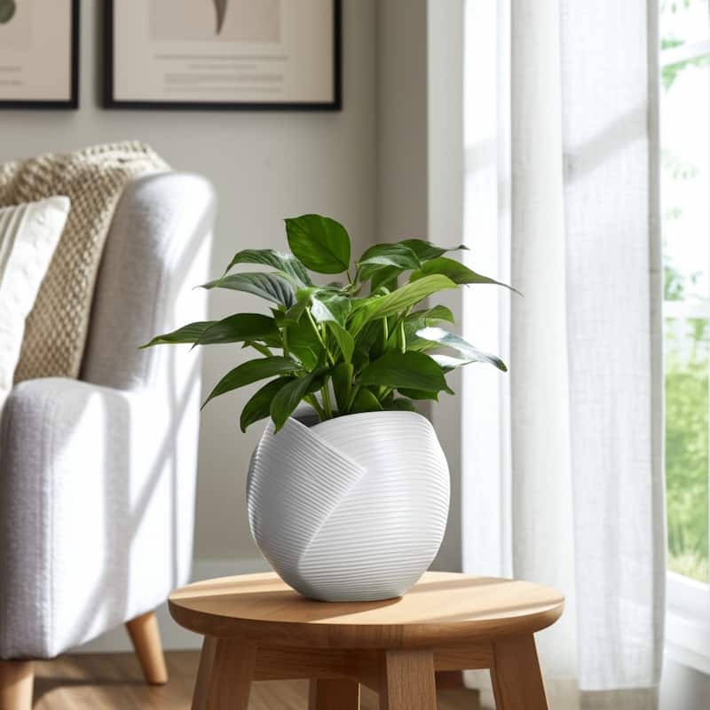 Stoneware Planter Pot Modern Texture Design Home Garden Use - 7" White - 8" x 8" x 7"