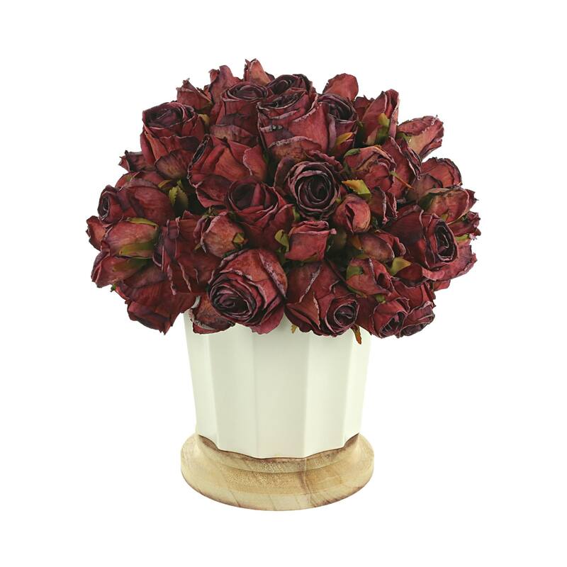 Dried Rose Bundle in a Ceramic Pot with Wooden Base - Burgundy, Red, White