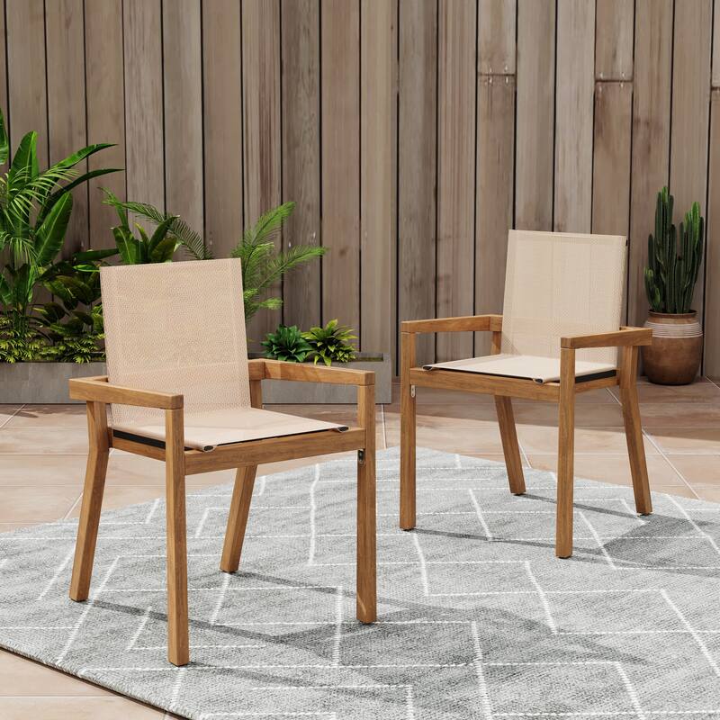 Roomfitters Set of 2 Outdoor Dining Chairs, Acacia Wood Teak Finish Frame with Breathable Mesh Seating, Beige - Teak+ Beige