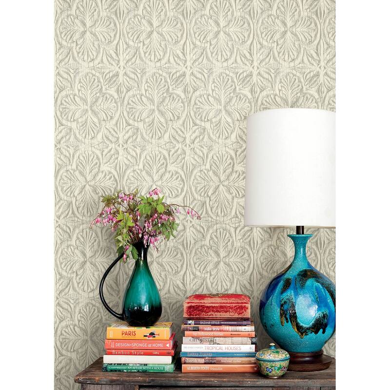 Chesapeake Karachi White Wooden Damask Wallpaper