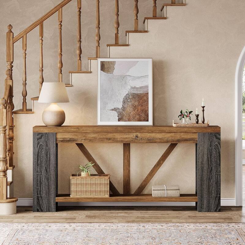70.9” Brown MDF Entryway Table, 2-Tier Console Table for Living Room