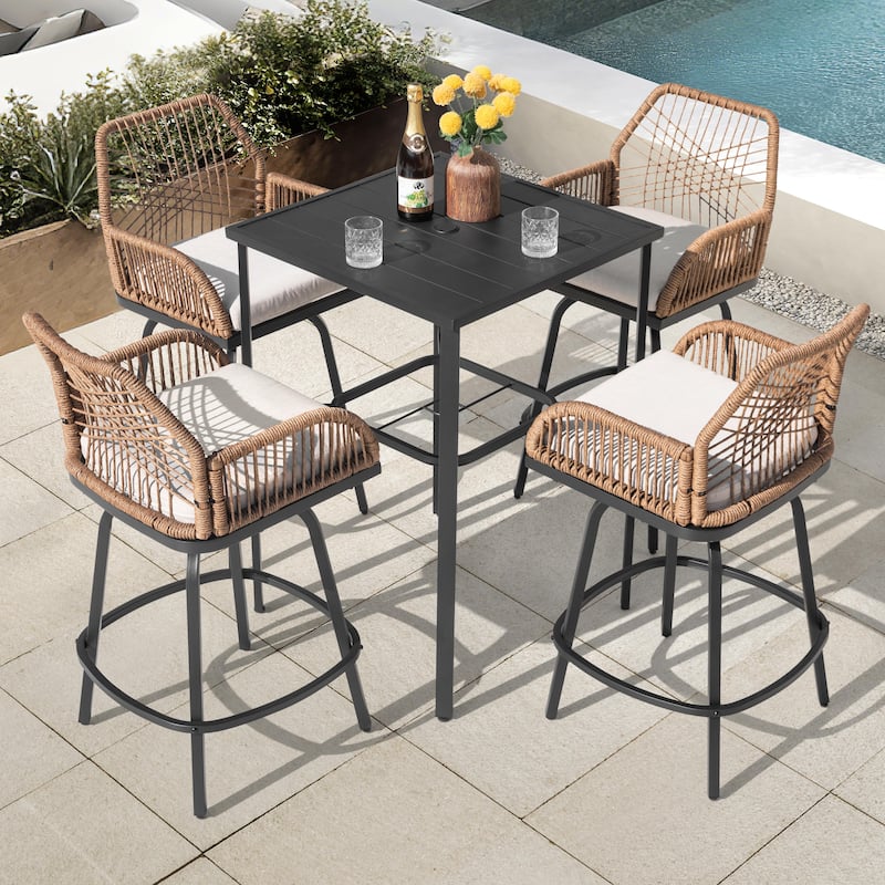 Swivel Patio Bar Set with Cushions, Handwoven Twisted Rattan Design