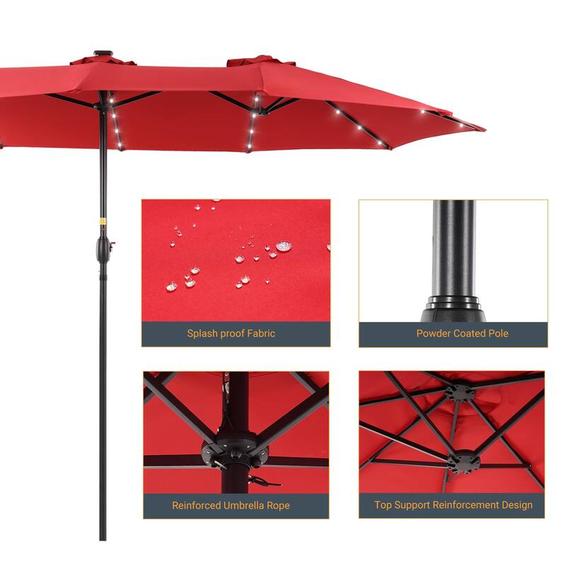 Livoosun 15×9FT LED Double-sided Patio Umbrella with BASE UPF50+ and Handle, and Wind-Resistant Design