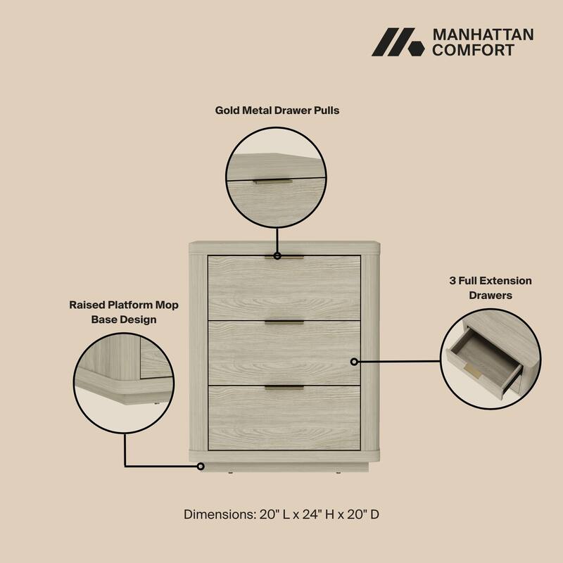 Manhattan Comfort Evelyn 3 Drawer Modern Nightstand Set of 2