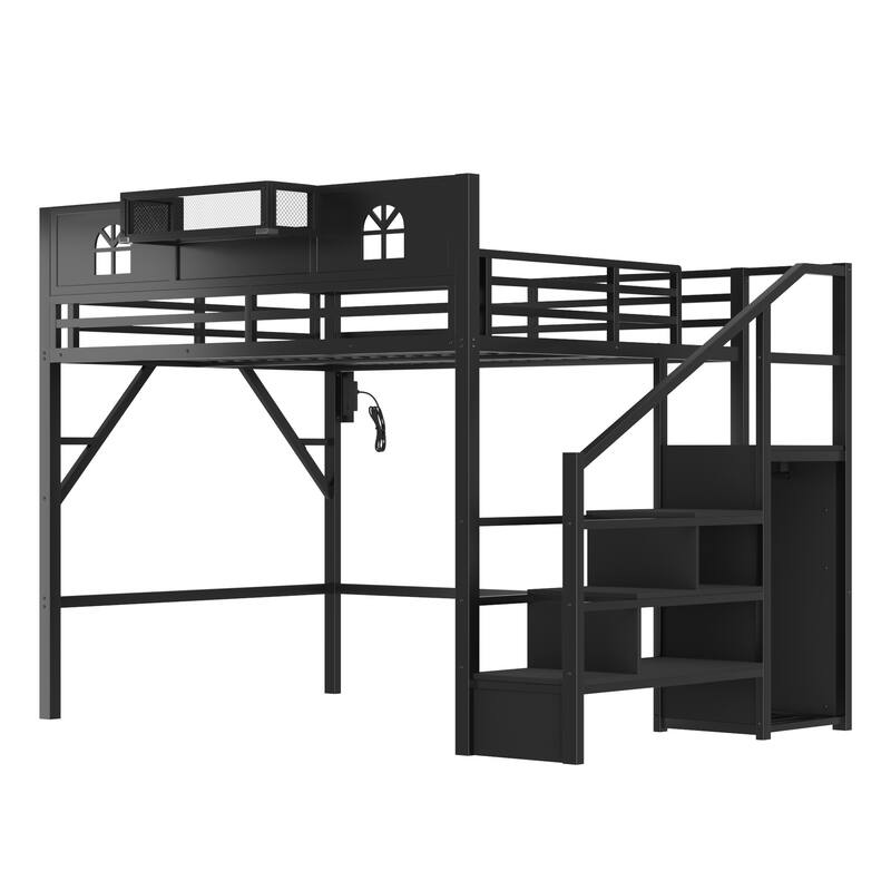 Queen Size Loft Bed with Stairs, Queen Loft Bed with High and House Shaped Guardrails, High Loft Bed with Wardrobe for Kids