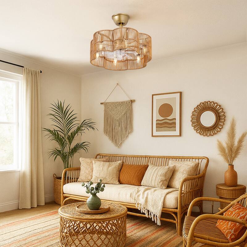 GetLedel 19.7" Woven Scalloped Rattan Ceiling Fan with Remote and Light