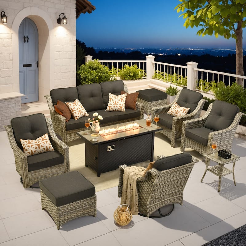 OVIOS 9 Pieces Outdoor Swivel Chairs Set with 54" Fire Table​