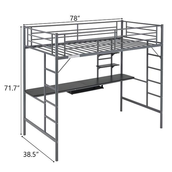 dimension image slide 0 of 2, Twin Size Metal Loft Bed with Desk and Storage Shelves