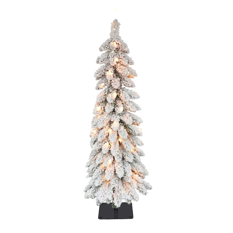 Pre-Lit Flocked Pencil Alpine Artificial Christmas Tree - 3’ - Clear Lights - 3 Foot
