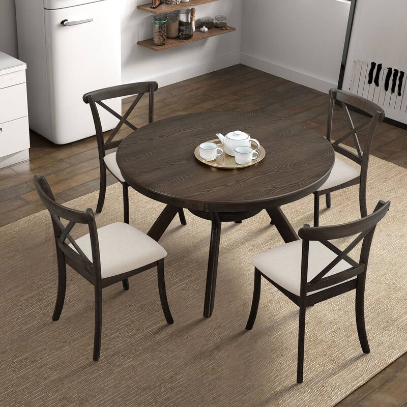 5 Pieces Set Mid-century Modern 47 in Round Rubber Wood Dining Table with Pedestal Base for 4-6 People - Brown - 1 Table + 4 Chairs Set