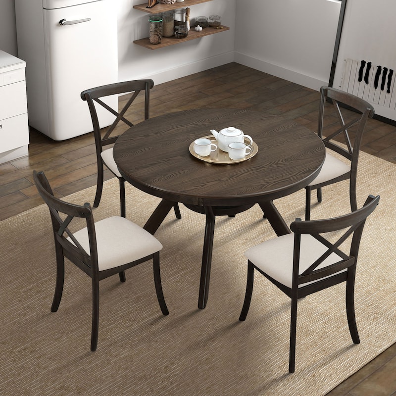 Round Dining Table with Wooden Trestle Pedestal Base, Kitchen Wooden Table Dinner Table for 4-6 People