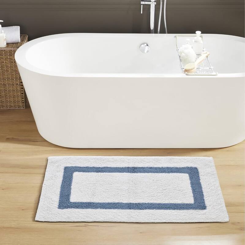 Better Trends Hotel Collection in Race Track 100% Cotton Super Absorbent Reversible Double Sided Machine Washable Bath Mat Rug - 24" x 40" Rectangle - White & Dark Blue