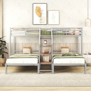 Metal Twin over Twin Triple Bunk Bed with Storage Staircase, Silver