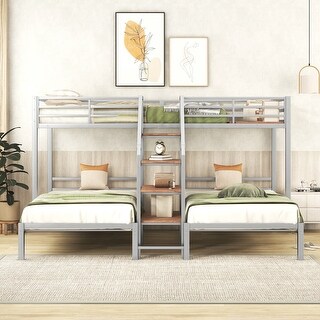 Twin over Twin & Twin Bunk Bed, Triple Bunk Bed with Shelves Staircase, Silver