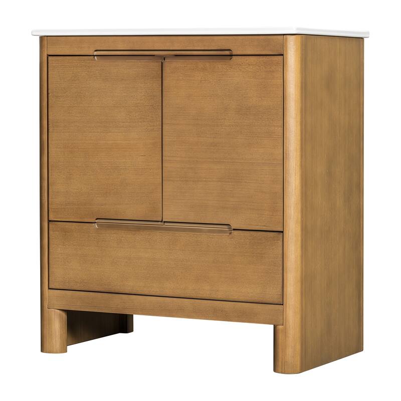 30"Softened Modern Bathroom Vanity with Ceramic Sink, Solid Wood Frame, Soft-Close Doors & Drawer, Adjustable Shelf