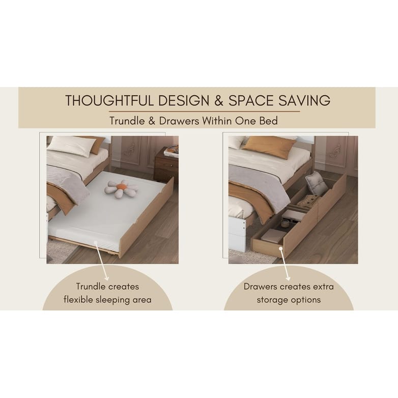 Modern Full Bed Frame With Twin Size Trundle And 2 Drawers,Strong Wooden Slats/Non-Slip and Noise-Free/No Fixed Headboard