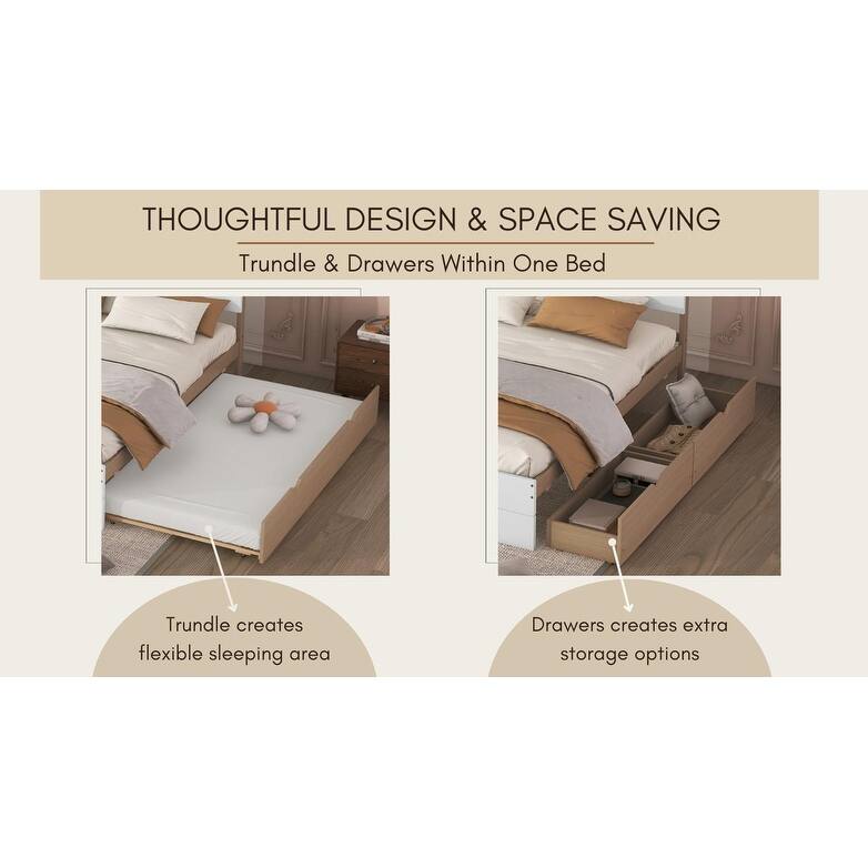 White High Gloss Full Bed Frame with Twin Trundle, 2 Storage Drawers & Light Oak Finish