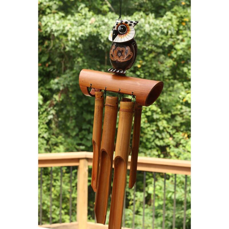 Handmade Wooden Snowy Owl Bamboo Wind Chime Wood Statue Figurine Hoot Sculpture Art Decorative Rustic Patio Garden Outdoor De