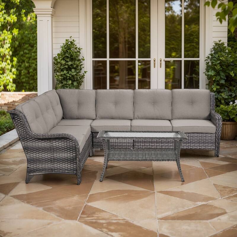 Outdoor Conversation Sets 2 Sectional Sofa Furniture - Sectional Sofa with Table - Grey Rattan - Grey Cushion