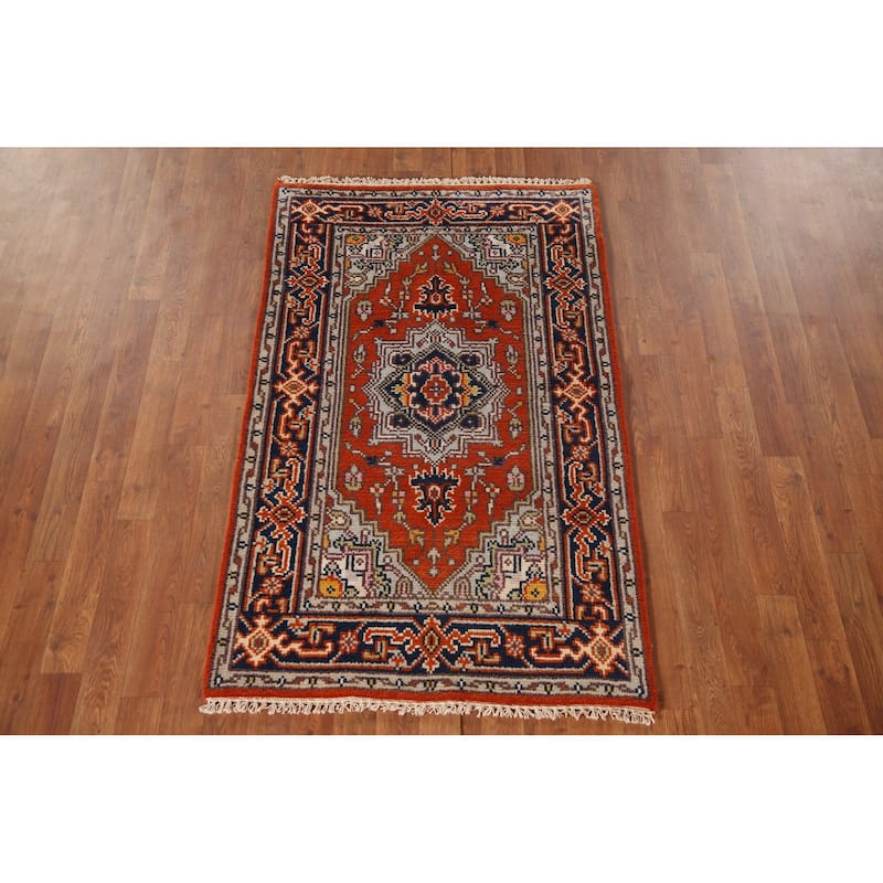 Orange Geometric Heriz Serapi Oriental Accent Rug Handmade Wool Carpet - 2'11"x 4'11"