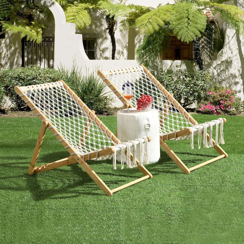2 Piece Outdoor Patio Chairs Set w/ Handwoven Polyester Seats, 3-Position Reclining Back for Beach, Garden & Pool - Natural