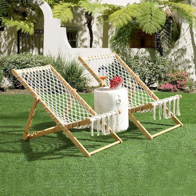 2 Piece Outdoor Patio Chairs Set w/ Handwoven Polyester Seats, 3-Position Reclining Back for Beach, Garden & Pool