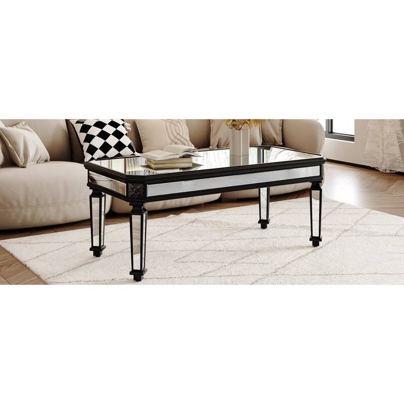 Roomfitters 48" Mirrored Coffee Table, Black Carved Wood Center Table, Rectangle Glass Tea Table for Living Room, Silver