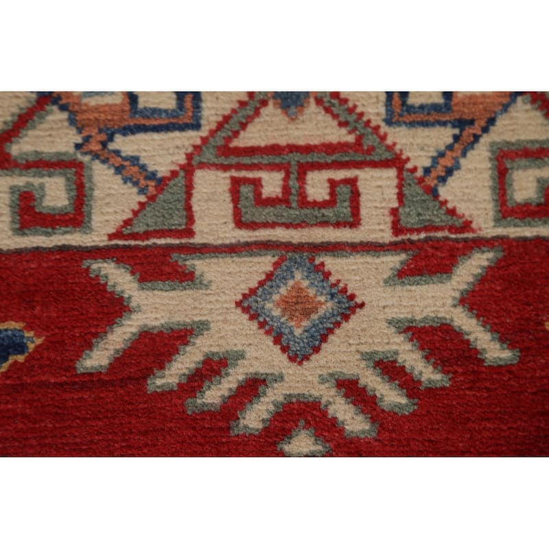 Red Geometric Kazak Oriental Traditional Wool Runner Rug Hand-knotted - 2'8" x 9'8"