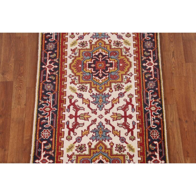 Ivory Geometric Heriz Serapi Oriental Runner Rug Handmade Wool Carpet - 2'7"x 10'10"