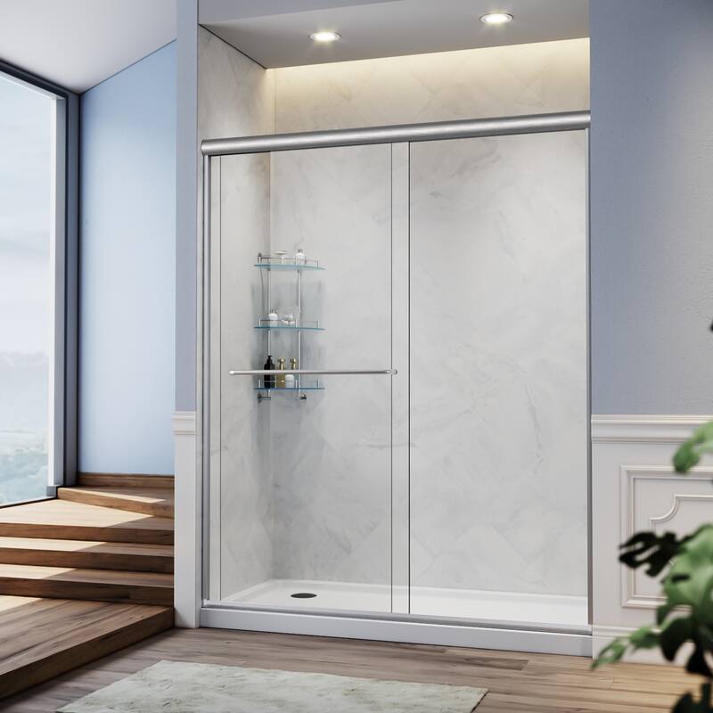 Elegant Double Sliding Shower Door 58.5-60 x 72" Width Cutting Guide Rail Adjustment Reversible installation - Brushed Nickel